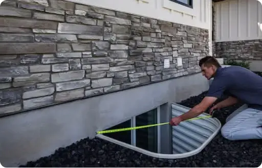 A person measuring a window well cover